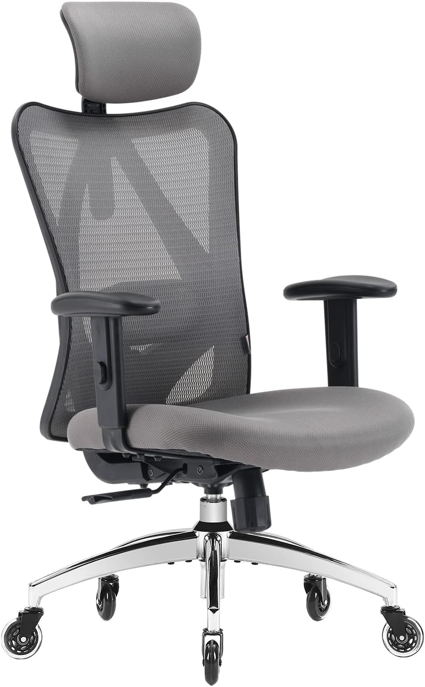 Ergonomic Office Chair, Mesh Computer Desk Chair with Adjustable Sponge Lumbar Support, Thick Cushion, PU Armrest and Headrest, High Back Swivel Home Office Task Chair for Work (Grey)