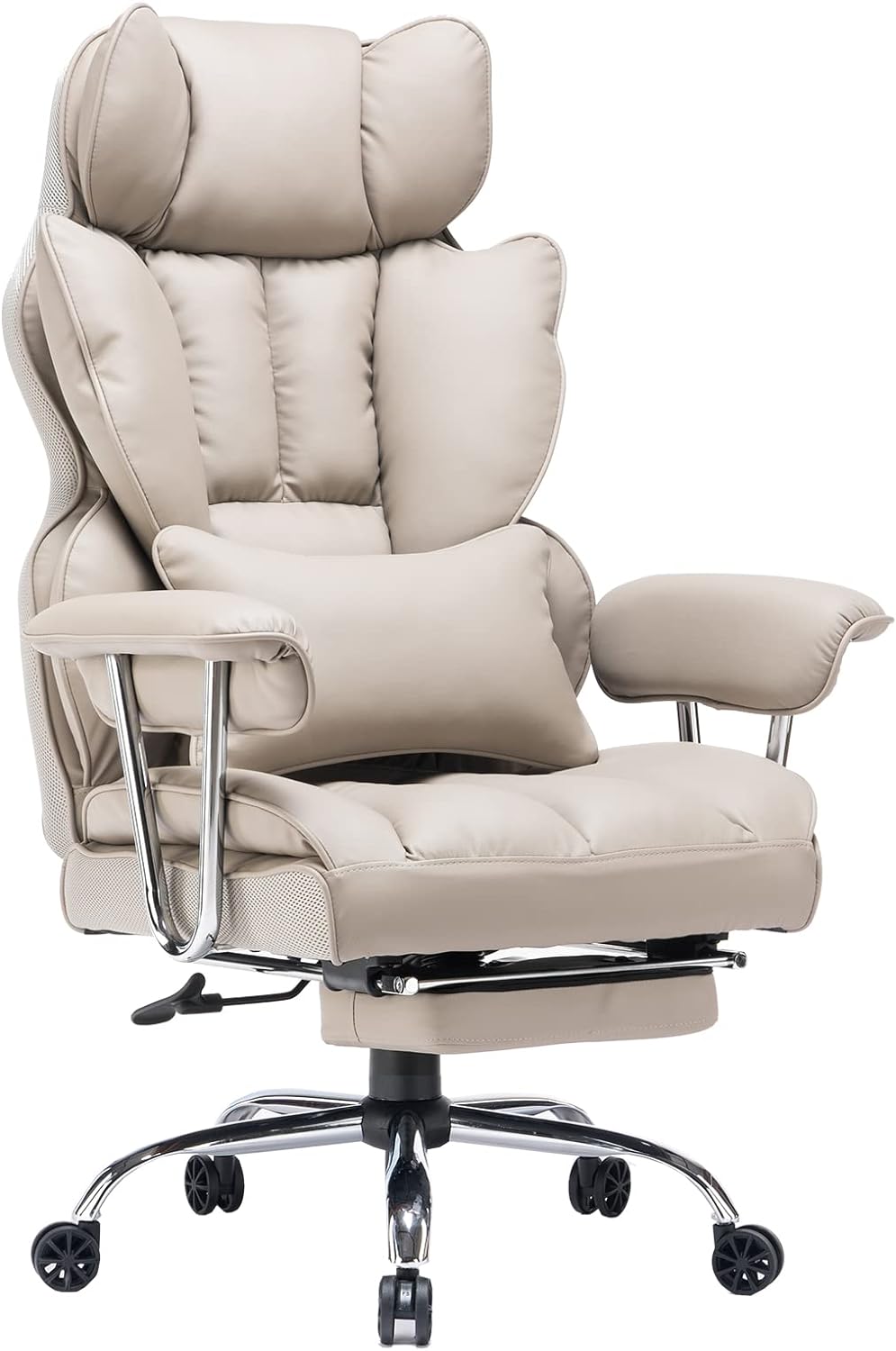 Desk Office Chair 400LBS, Big and Tall Office Chair, PU Leather Computer Chair, Executive Office Chair with Leg Rest and Lumbar Support, Light Grey Office Chair