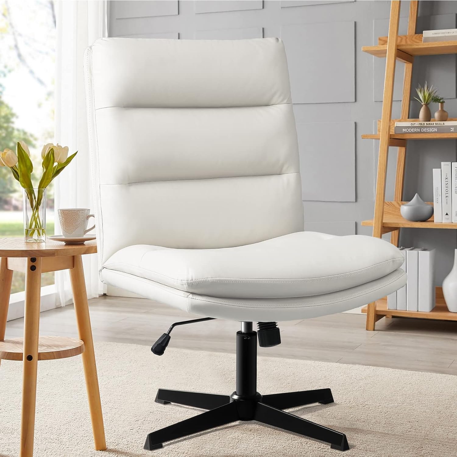 PUKAMI Criss Cross Legged Office Chair,Pu Leather Armless Office Desk Chair No Wheels,Modern Swivel Height Adjustable Wide Seat High Back Computer Task Vanity Chair for Home Office