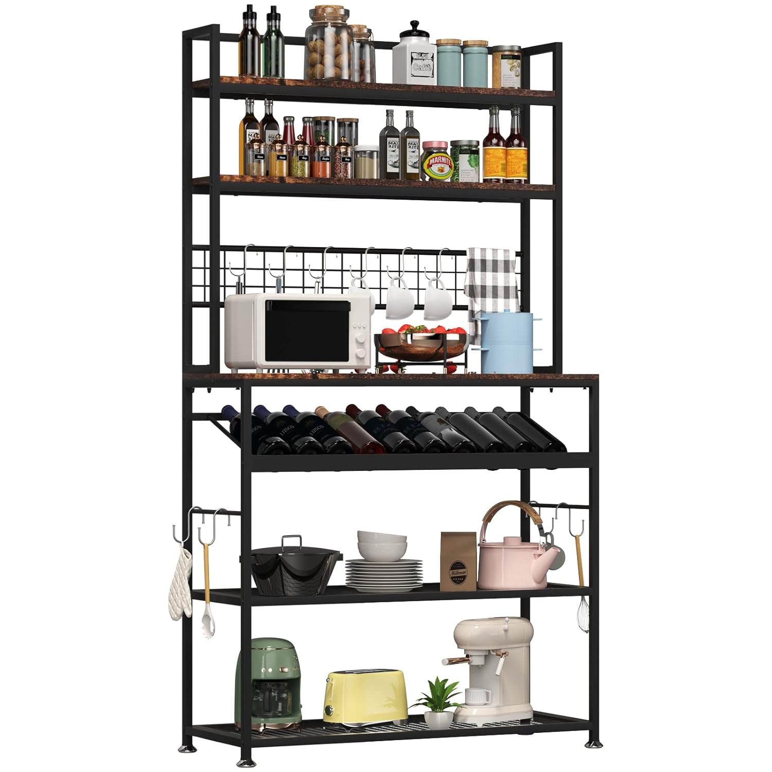 Kitchen Wine Baker' Rack, Microwave Oven Stand, 6-Tier Kitchen Rack with 11 Side Hooks, Bakers Racks for Kitchens with Storage, Wine Rack, Utility Storage Shelf for Kitchen, Coffer Bar Stand