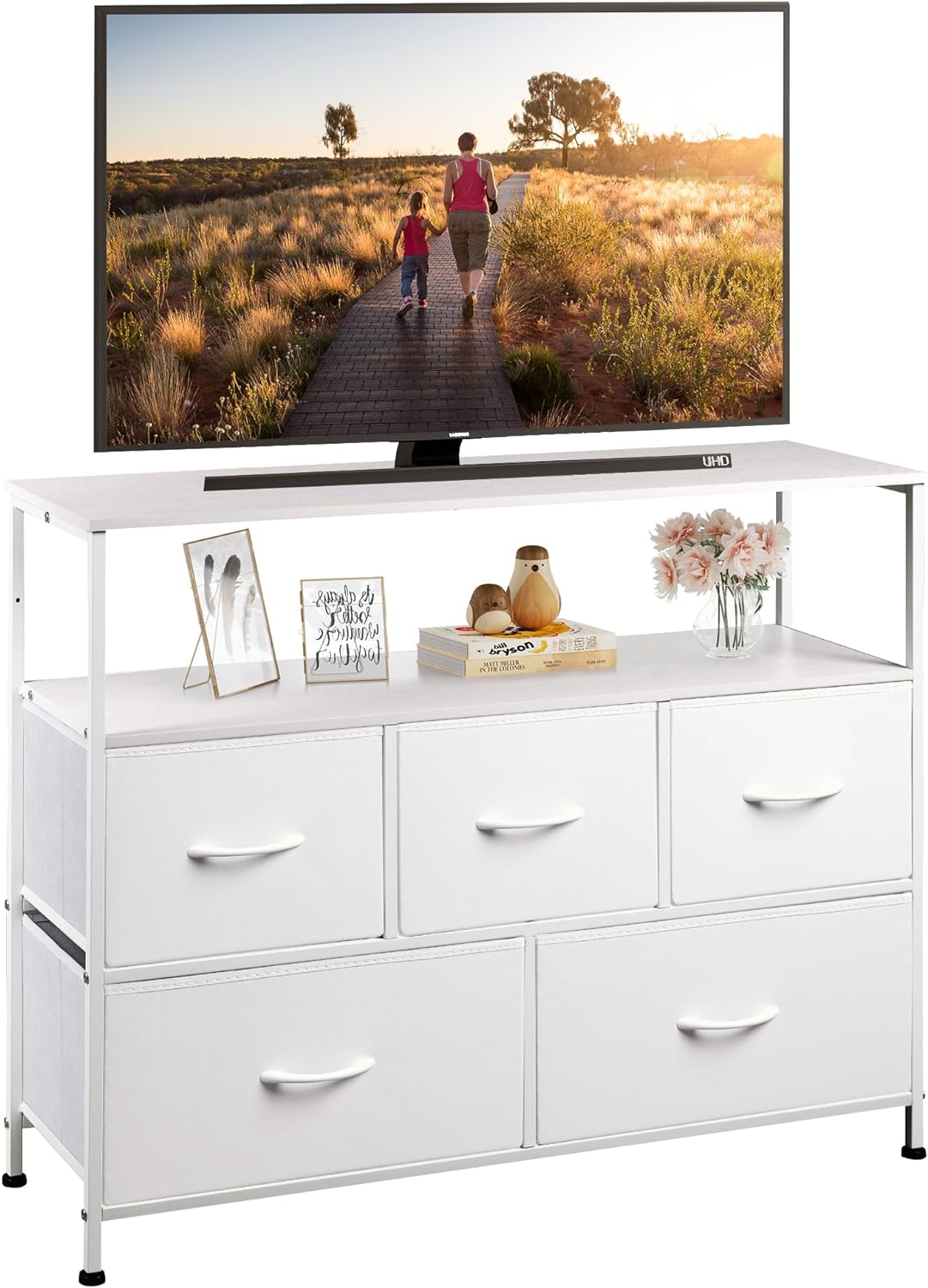 WLIVE Dresser TV Stand, Entertainment Center with Fabric Drawers, Media Console Table with Open Shelves for TV up to 45 inch, Storage Drawer Unit for Bedroom, Living Room, White