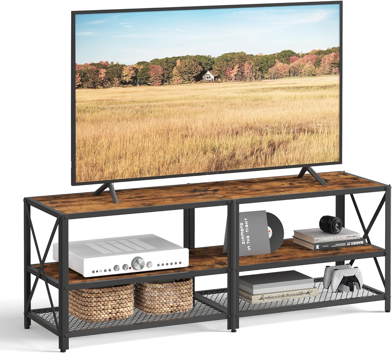 VASAGLE TV Stand, TV Console for TVs Up to 65 Inches, TV Table, 55.1 Inches Width, TV Cabinet with Storage Shelves, Steel Frame, for Living Room, Bedroom, Rustic Brown and Black ULTV094B01