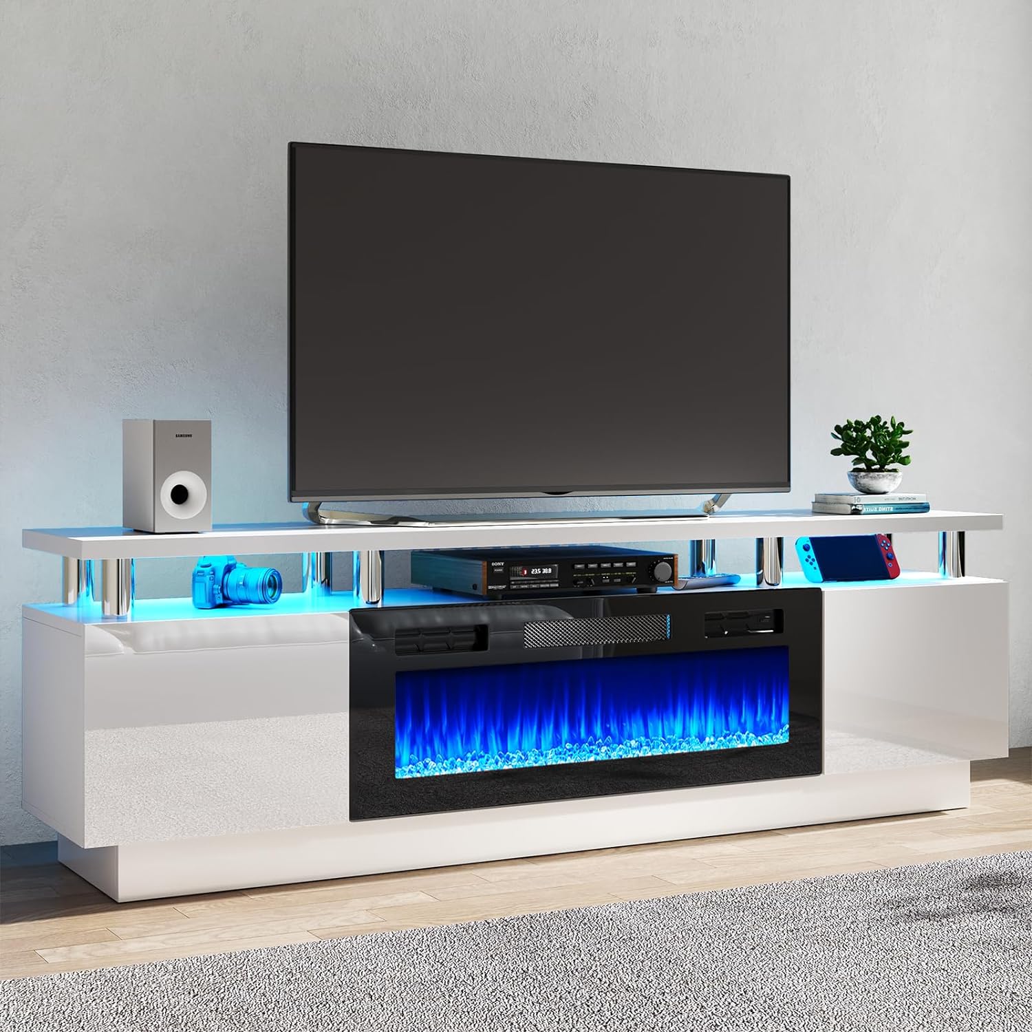 oneinmil Fireplace TV Stand with 36 Electric Fireplace,LED Light Entertainment Center,2 Tier TV Console Stand for TVs Up to 80,Fireplace for The Living Room TV Stand,White