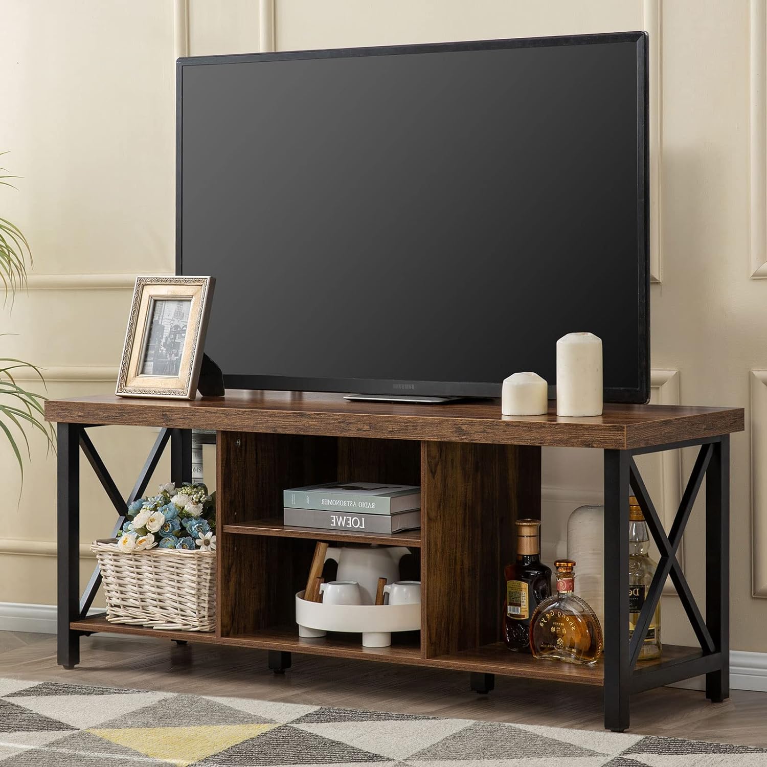 GAZHOME TV Stand for TV up to 55 Inches, TV Cabinet with Open Storage, TV Console Unit with Shelving for Living Room, Entertainment Room, Rustic Brown