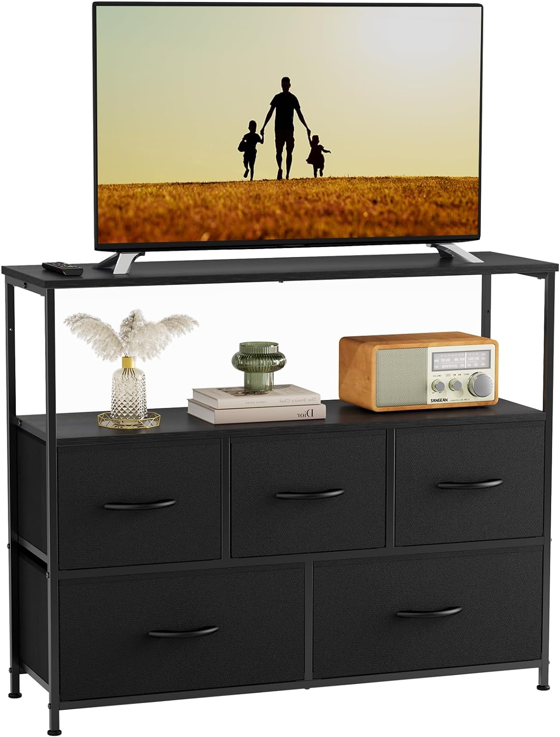 Sweetcrispy TV Stand for Bedroom, TV Dresser for 45 inches, Media Console Table, Entertainment Center with 5 Fabric Drawers Cabinet and Open Storage Shelf Cabinet for Living Room, Hallway