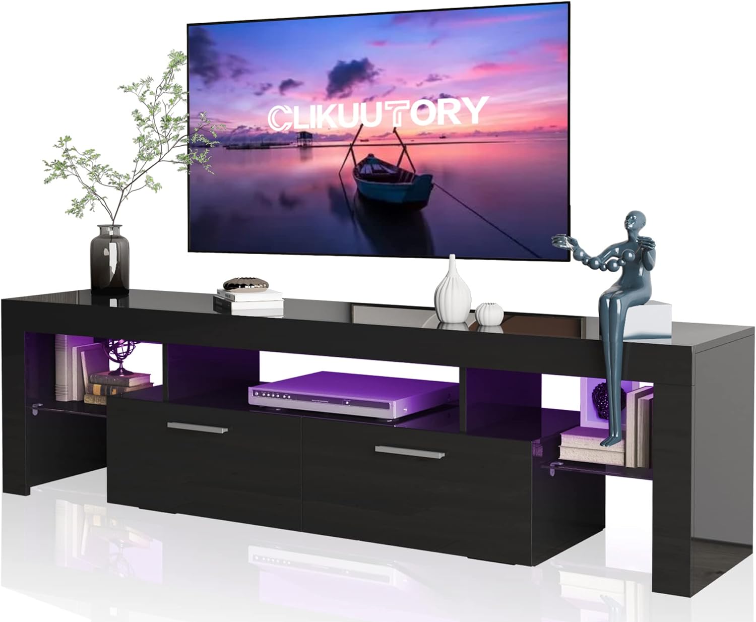 Clikuutory Modern LED 63 inch TV Stand with Large Storage Drawer for 40 50 55 60 65 70 75 Inch TVs, Black Wood TV Console with High Glossy Entertainment Center for Gaming, Living Room, Bedroom