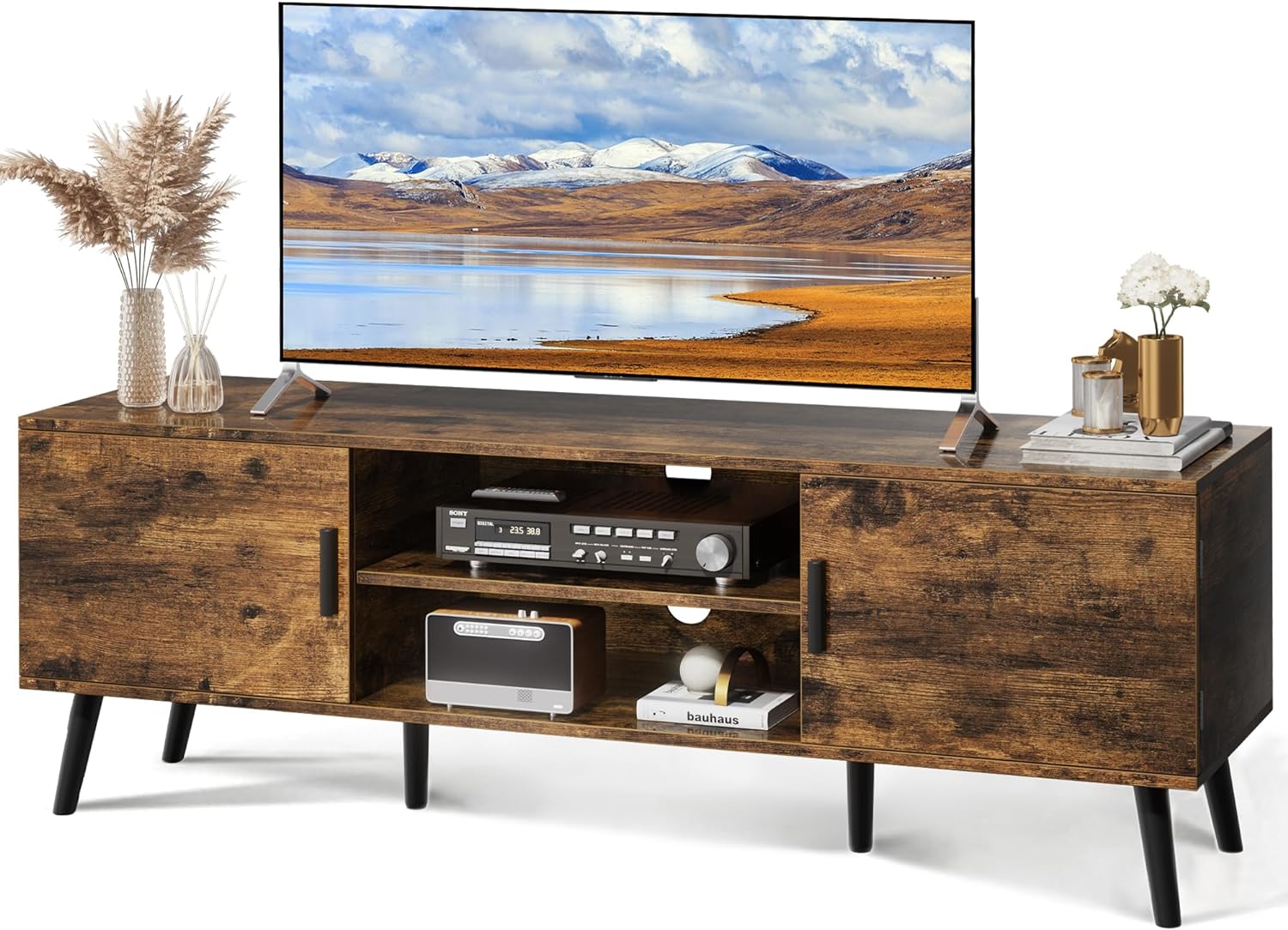 SUPERJARE TV Stand for 55 Inch TV, Entertainment Center with Adjustable Shelf, 2 Cabinets, TV Console Table, Media Console, Solid Wood Feet, Cord Holes, for Living Room, Bedroom, Rustic Brown