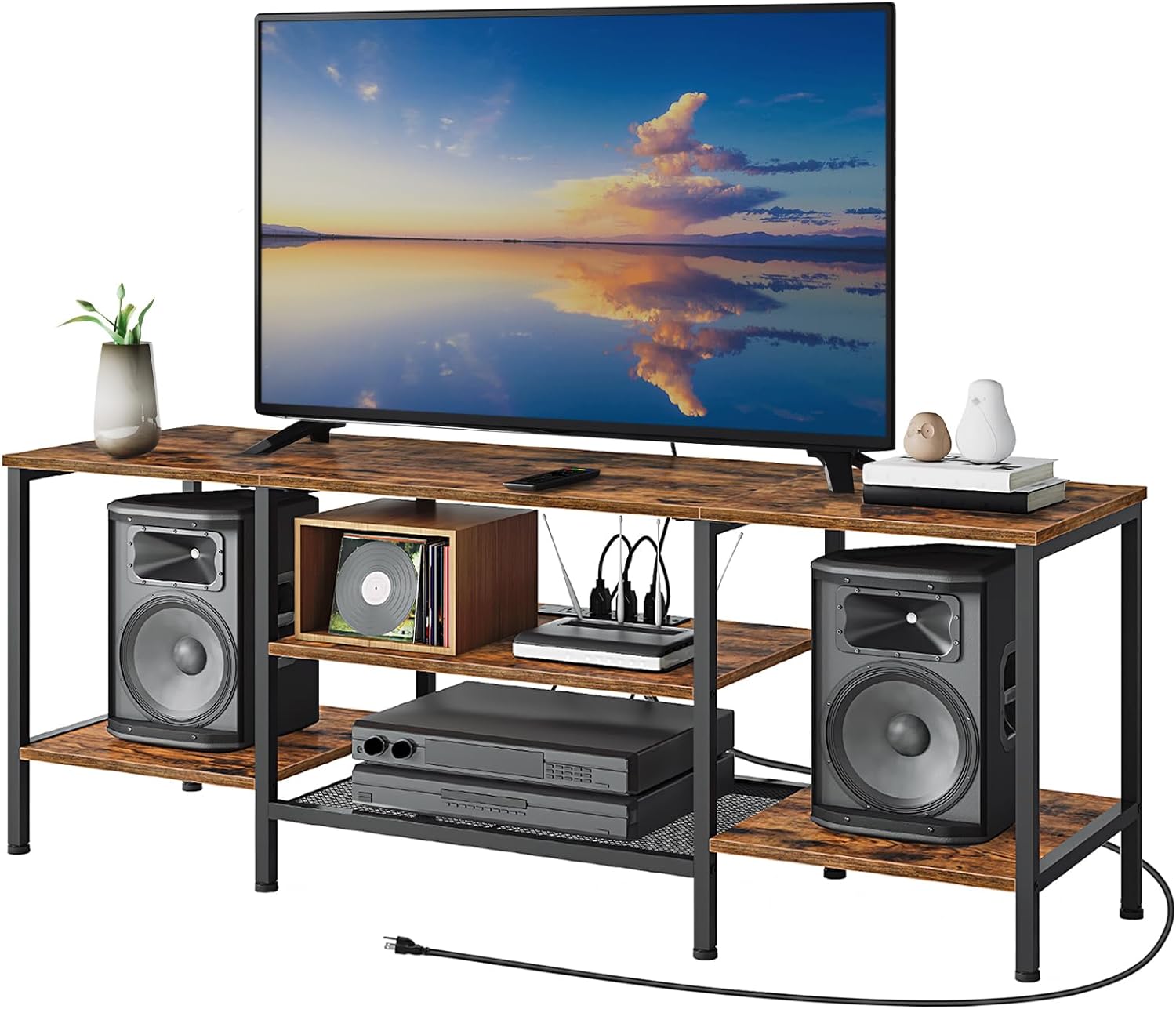 TV Stand with Power Outlets to 65 Inches, TV Console Table with Open Storage Shelves, Industrial Media Entertainment Center for Living Room Bedroom, Rustic Brown and Black BF40DS01