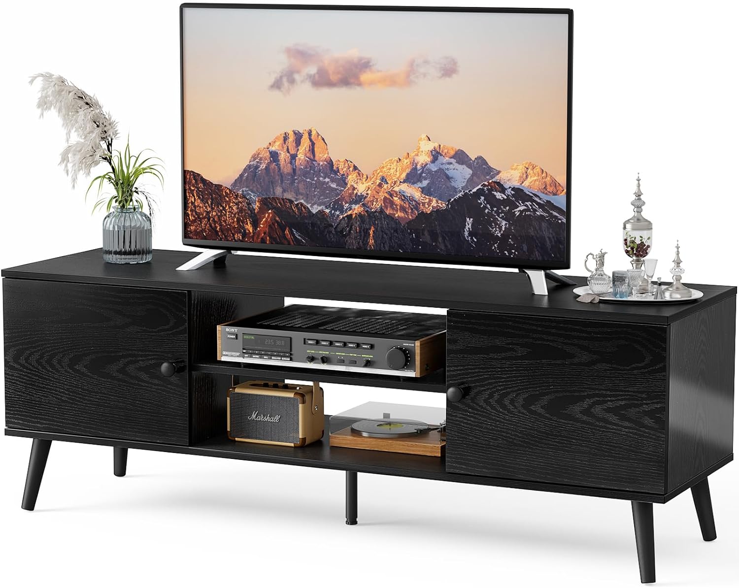 Sweetcrispy TV Stand for 55 60 inch Television, Entertainment Center with Storage, 2 Cabinet Media Console Table, Soft Hinge Door with Handle, Wood Feet, Living Room, Bedroom Furniture, Black