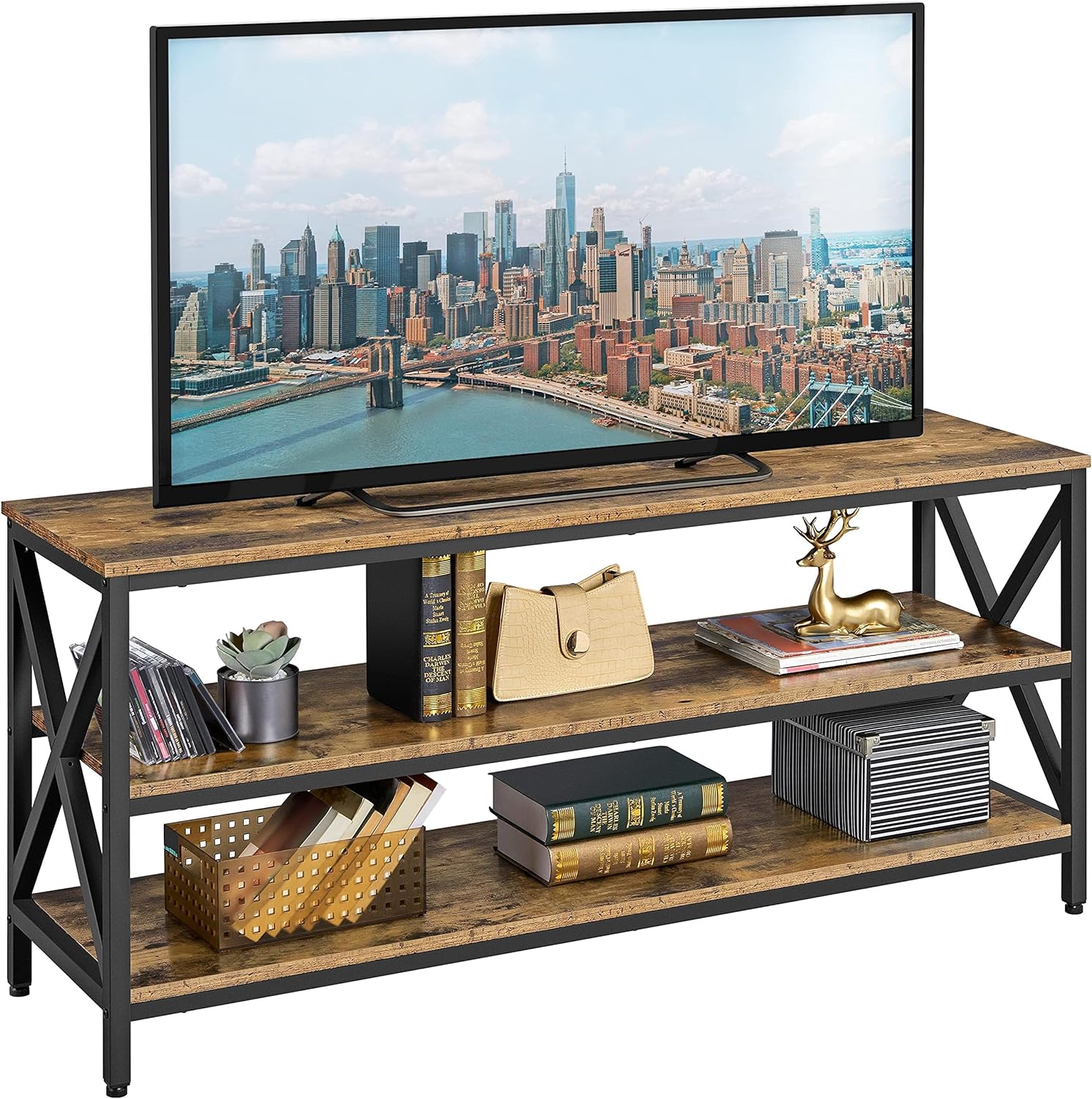 Yaheetech Industrial TV Stand for TV up to 65 inch, 55 TV Cabinet with 3 Tier Storage Shelves for Living Room, Entertainment Center TV Console Table with Metal Frame, Rustic Brown