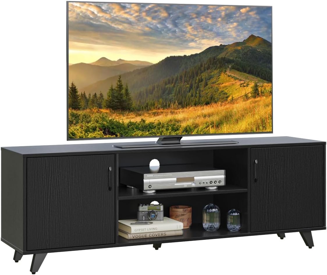 Panana TV Stand, Entertainment Center with 2 Doors and 2 Cubby Storages Cabinets for up to 65 inch for Living Room Bedroom (Black, 53.5 inch)