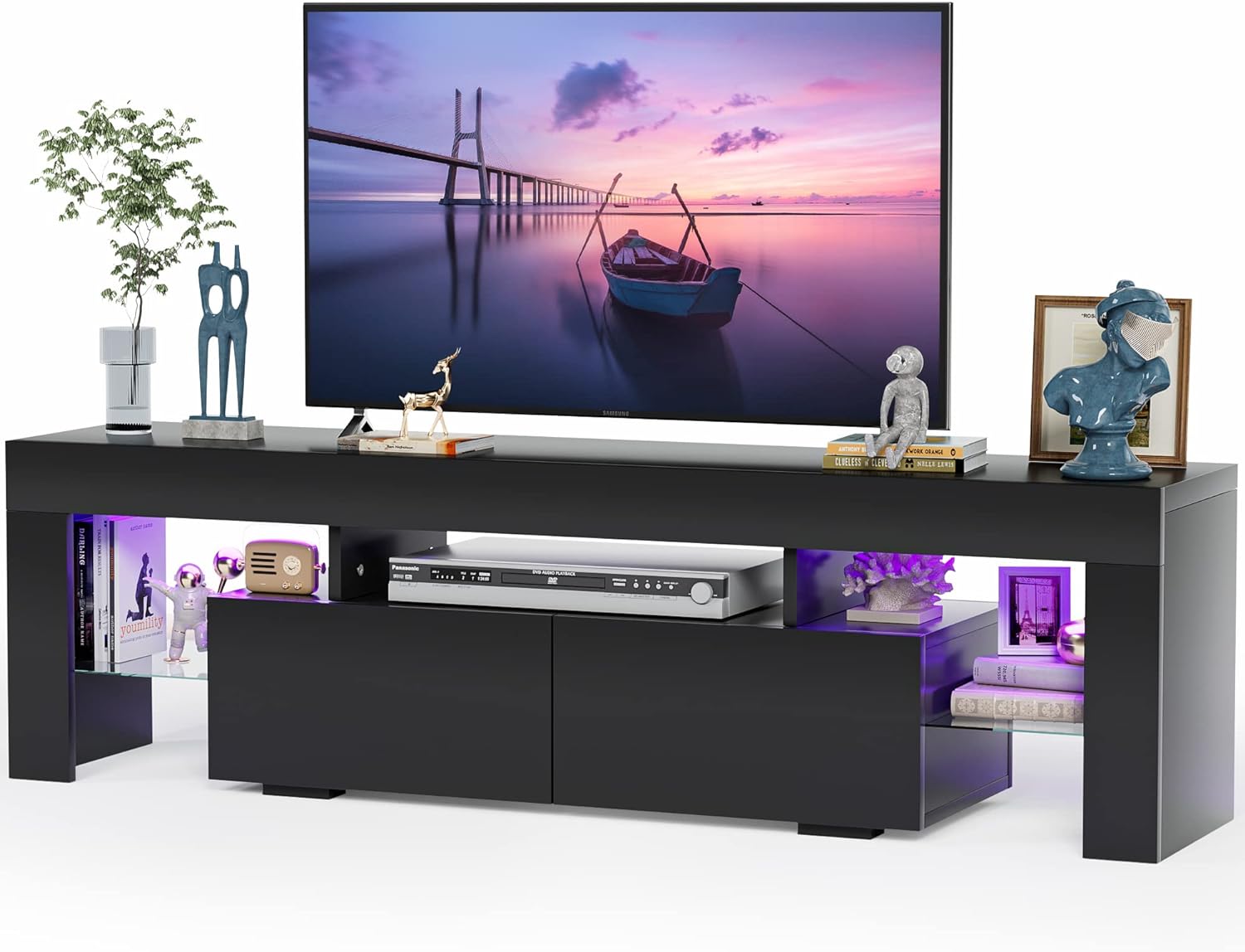 JUMMICO TV Stand with LED Lights, Modern Entertainment Center Media and Open Shelf Console Table Storage Desk with 1 Drawer and Remote Control 20 Color LED Lights up to 70 Inch TV (Black)