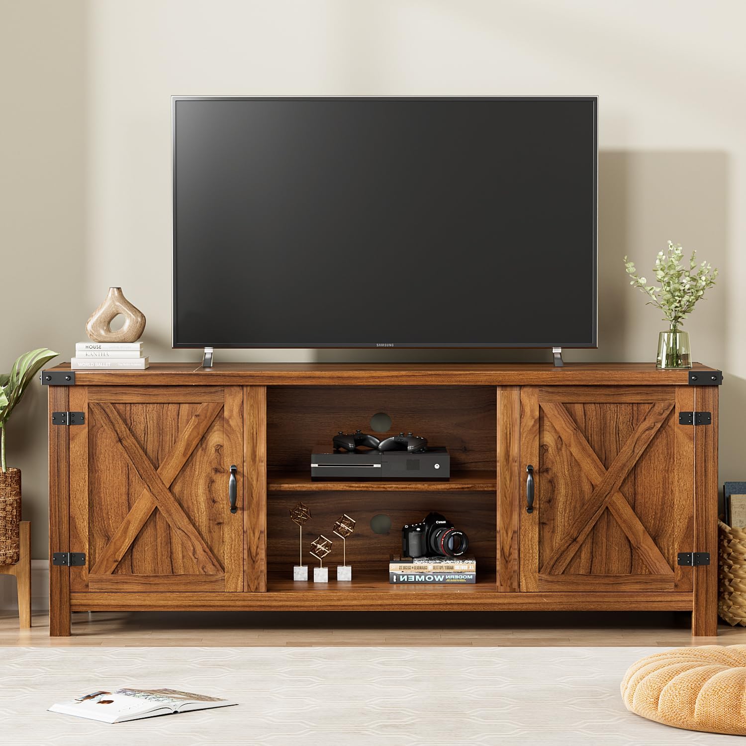 YESHOMY Modern Farmhouse TV Stand with Two Barn Doors and Storage Cabinets for Televisions up to 65  Inch, Entertainment Center Console Table, Media Furniture for Living Room, 58 Inch, Walnut