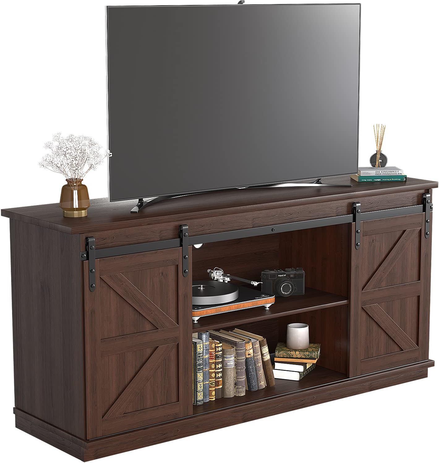 JUMMICO TV Stand for 65 Inch TV, Entertainment Center with Storage Cabinets and Sliding Barn Doors, Mid Century Modern Media TV Console Table for Living Room Bedroom (Brown)