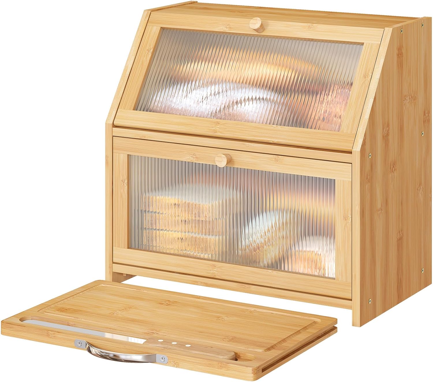 Extra Large Bread Box with Cutting Board Bamboo Wood Bread Box for Kitchen Counter, Double Layer Large Capacity Bread Storage Bin with Acrylic Wavy Door Panel