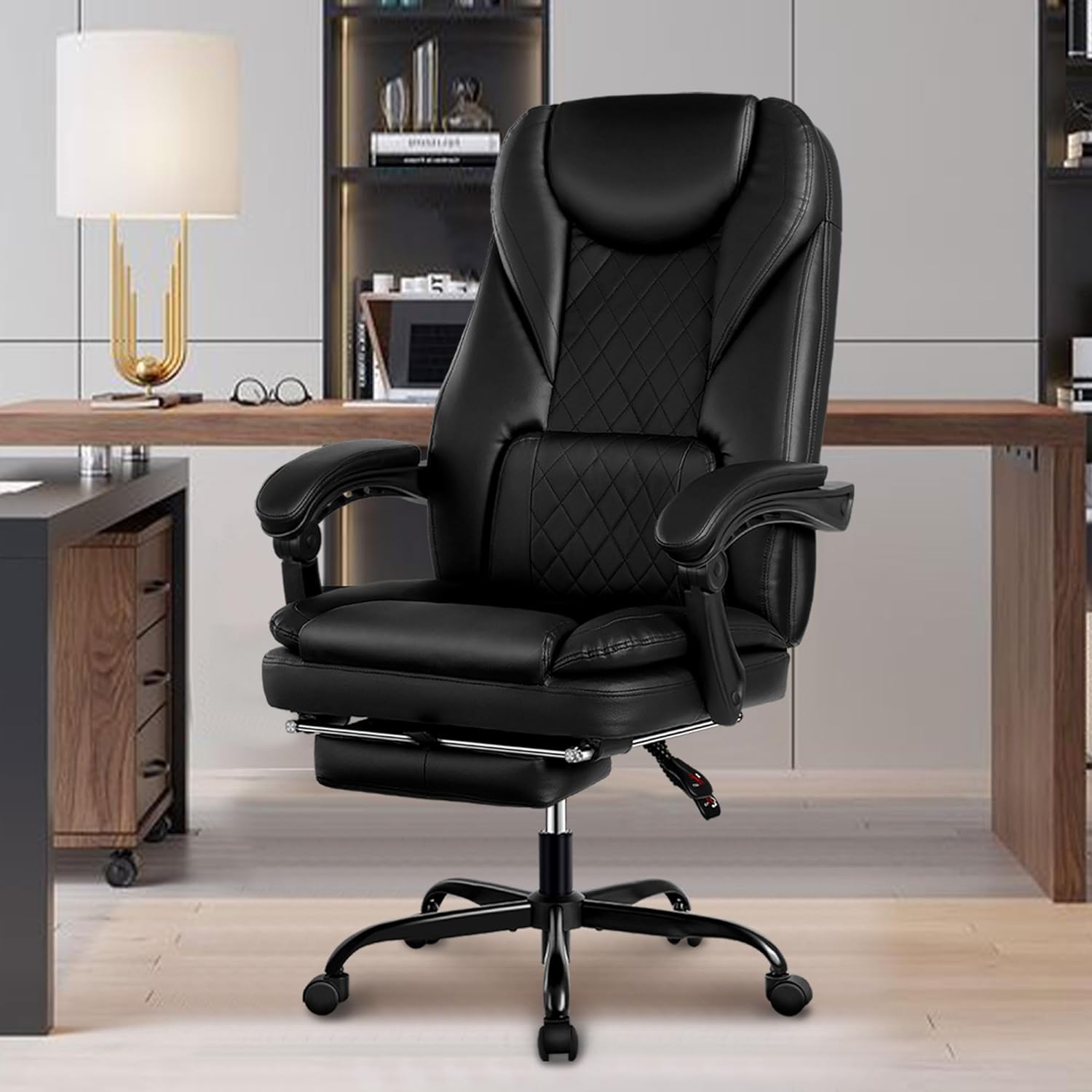 Executive Office Chair, Big and Tall Office Chair with Foot Rest Reclining Leather Chair, High Back Ergonomic Home Office Desk Chair(Black)