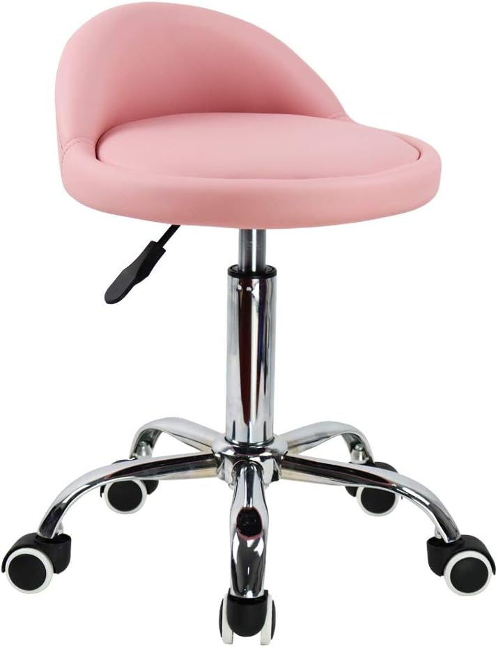 KKTONER PU Leather Round Rolling Stool with Back Rest Height Adjustable Swivel Drafting Work SPA Task Chair with Wheels Pink