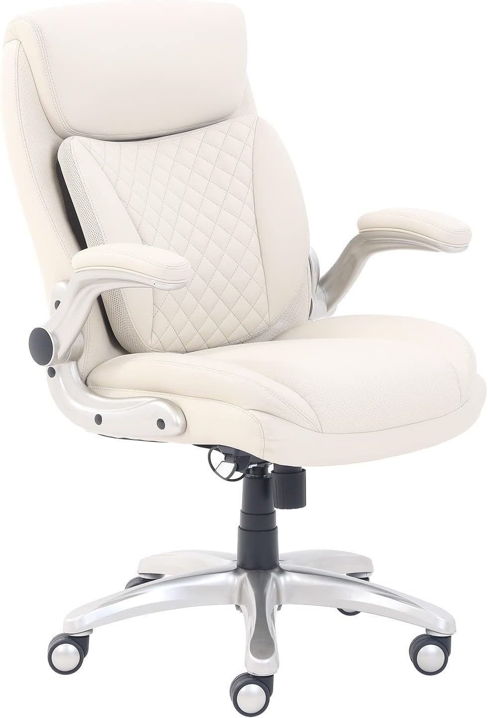 Amazon Basics Ergonomic Executive Office Desk Chair with Flip-up Armrests and Adjustable Height, Tilt and Lumbar Support, Cream Bonded Leather, 29.5D x 28W x 43H (Previously AmazonCommercial brand)