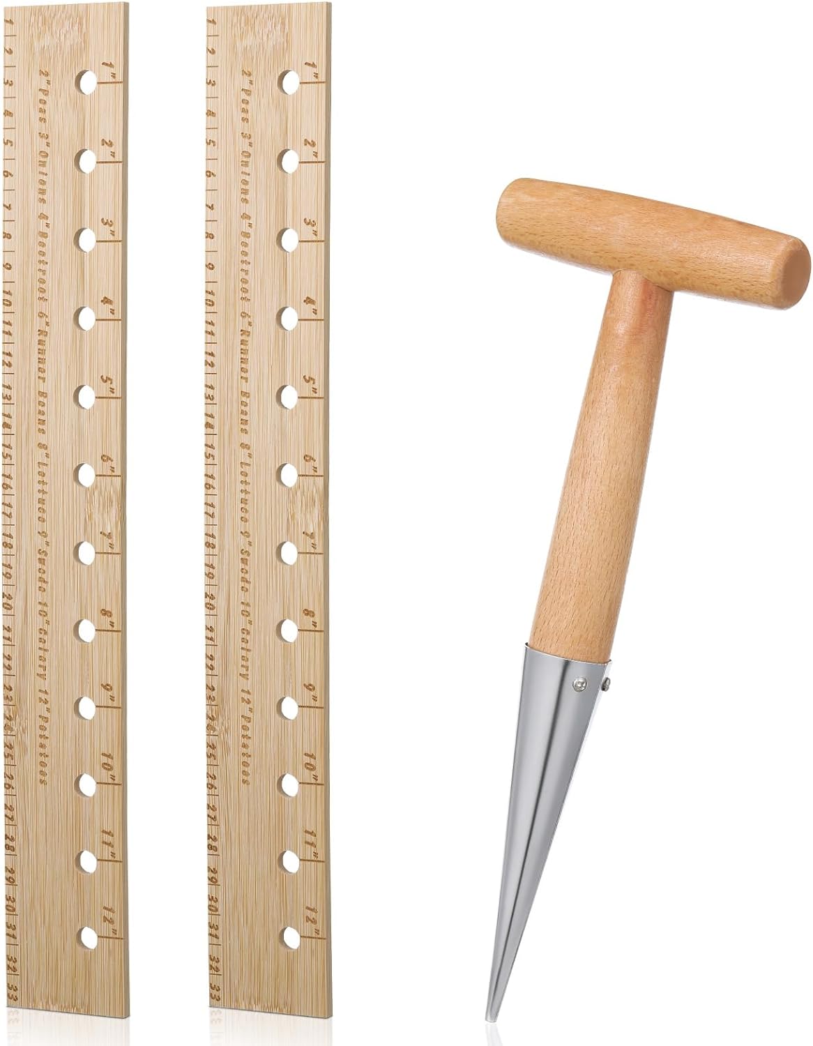 3 Pcs Planting Ruler and Dibber Set Include 2 Seed Spacing Interval Ruler with Holes 13, 1 Hand Plant Dibber Garden Tool with Wooden Handle for Outdoor Garden Vegetables Precise Seeding