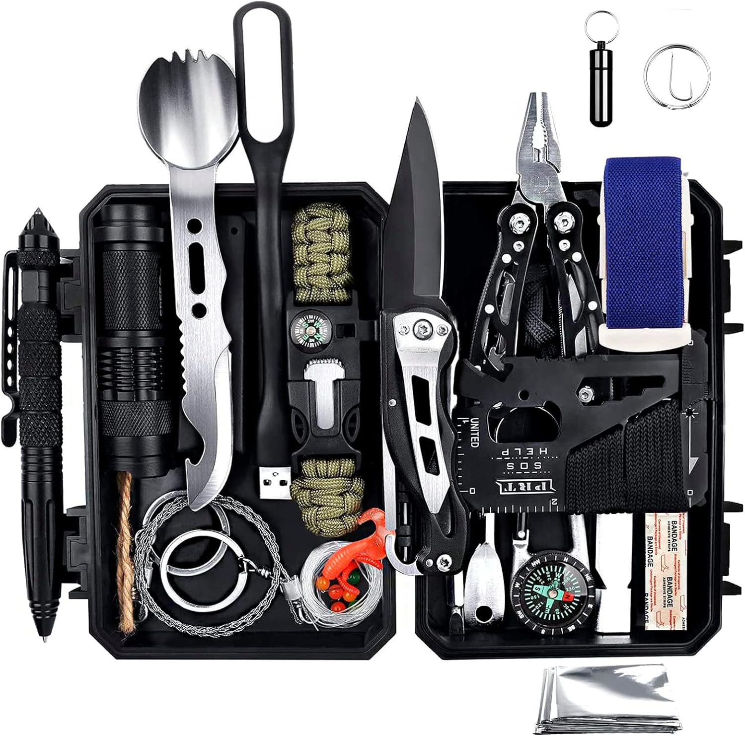 Emergency Survival Gear Kits 60 in 1, Outdoor Survival Tool with Emergency Bracelet Whistle Flashlight Pliers Pen Wire Saw for Camping, Hiking, Climbing,Car