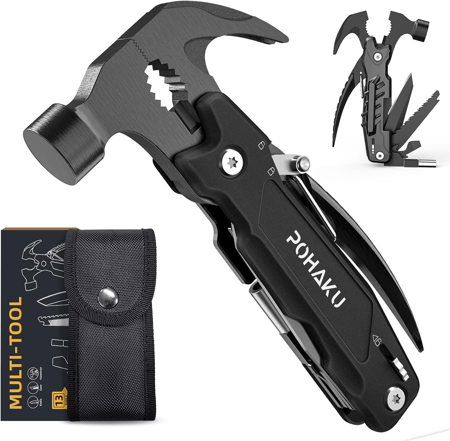 14-in-1 Multitool Hammer, Pohaku Multitool with DIY Stickers, Safety Lock, Screwdriver Bits Set and Durable Nylon Sheath, Multi Tool for Outdoor, Camping, Ideal Gifts for Father, Husband, Boyfriend