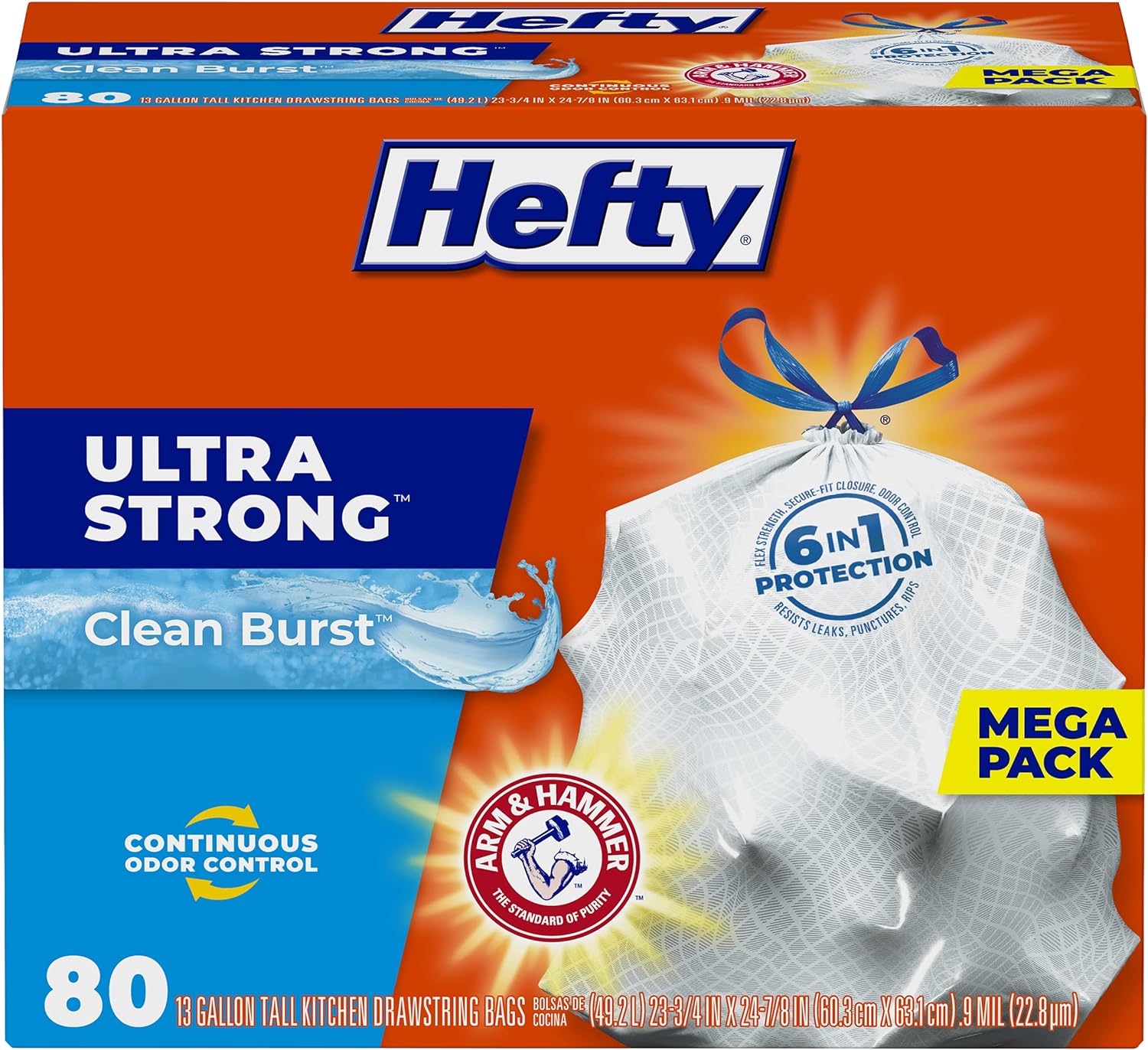 Hefty Ultra Strong Tall Kitchen Trash Bags, Clean Burst Scent, 13 Gallon, 80 Count