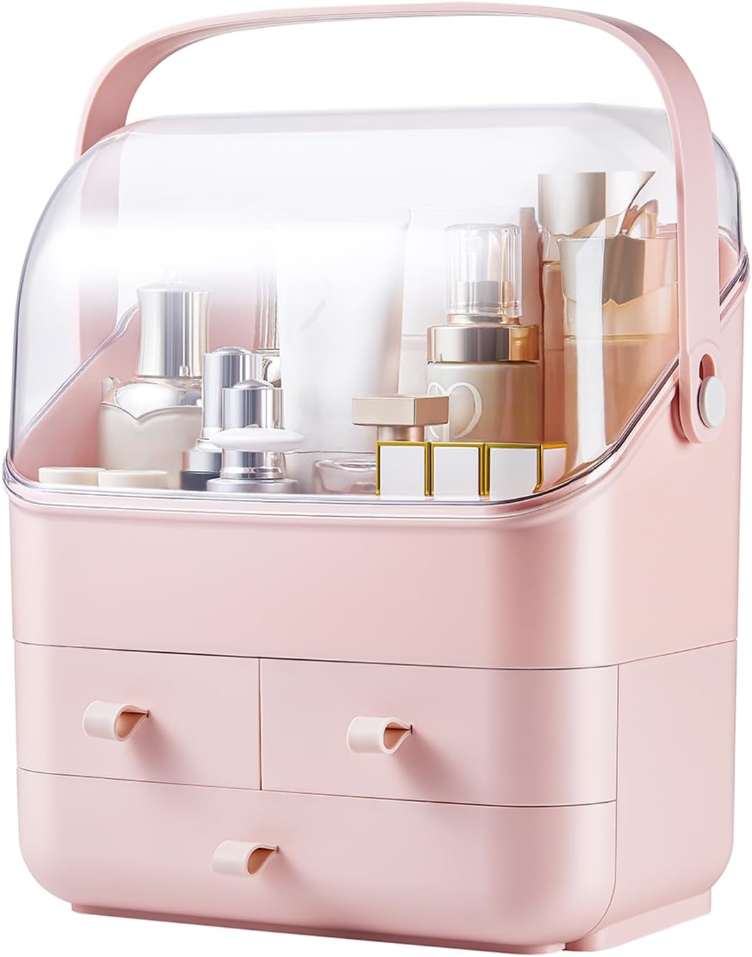 SUNFICON Pink Makeup Organizer Holder Cosmetic Storage Box with Dust Free Cover Portable Handle,Fully Open Waterproof Lid, Dust Proof Drawers,Great for Bathroom Countertop Bedroom Dresser