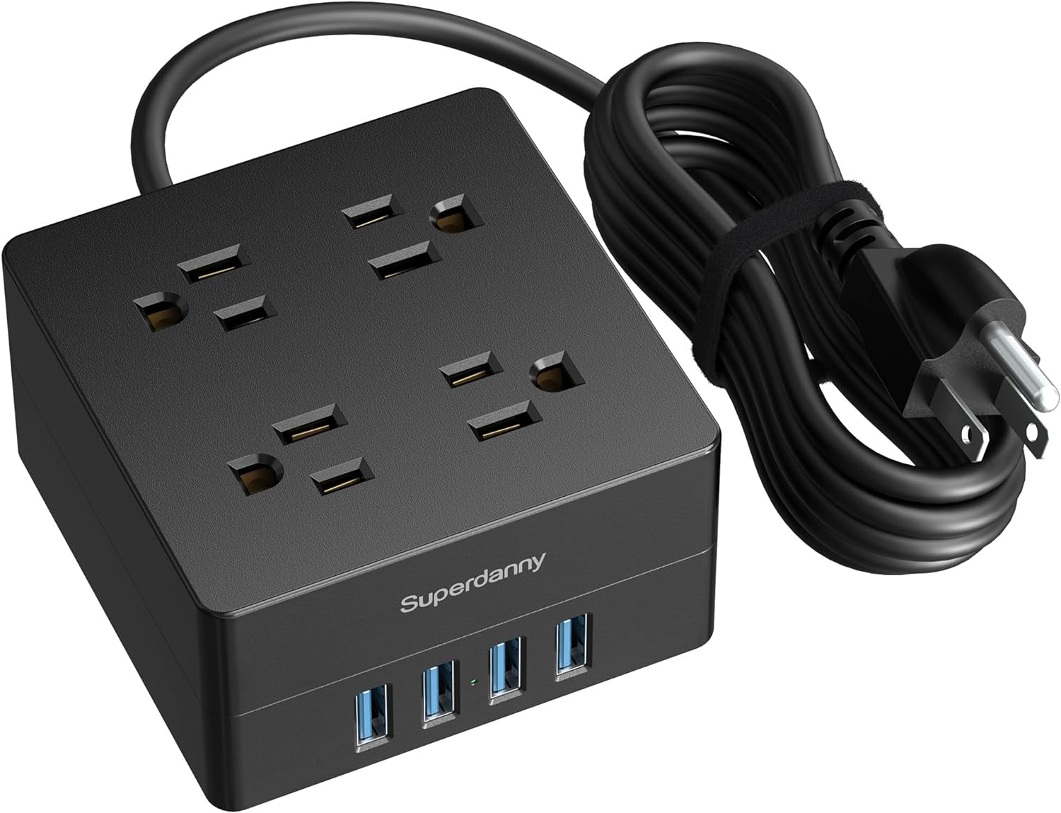 5ft Power Strip, SUPERDANNY Surge Protector 900 Joules, 4-Outlet 4-USB Extension Cord, Overload Switch, Grounded, Mountable, Desktop Charging Station for Home, Office, School, Dorm, Computer, Black