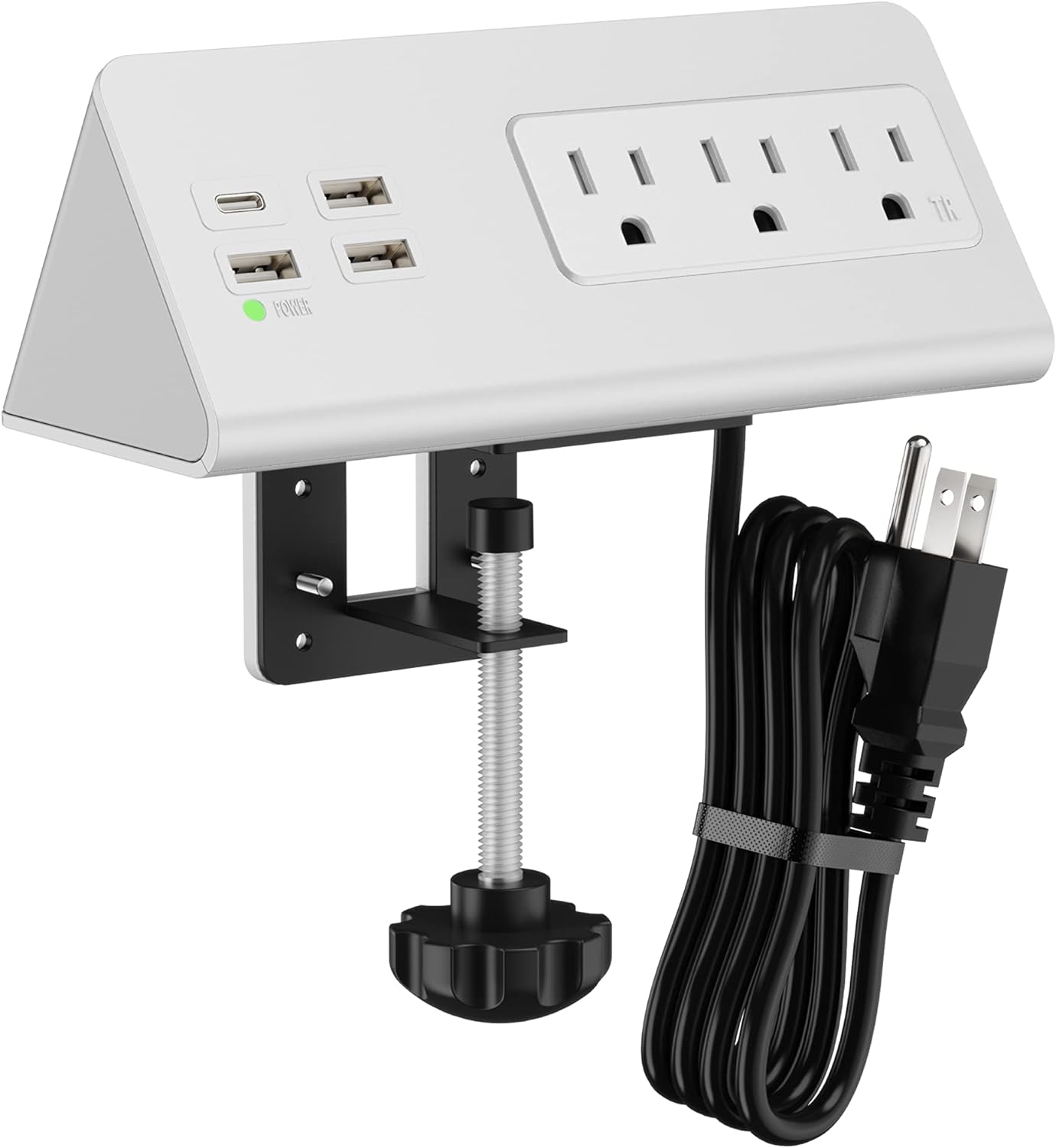 Desk Edge Clamp Mount Power Strips with 4 USB Ports(1xPD 20W USB-C Port)& 3 AC Outlets,1875 Joules Tabletop Surge Protector, Power Sockets for Office Table/Hotel Nightstands,ETL Listed (1-Pack, White)