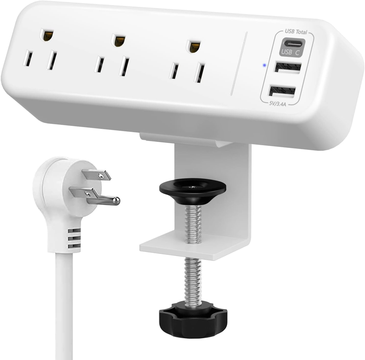 Desk Clamp Power Strip with USB C, 3 Outlets Desktop Mount Power Station with 6.5 ft Plug Extension Cord, White