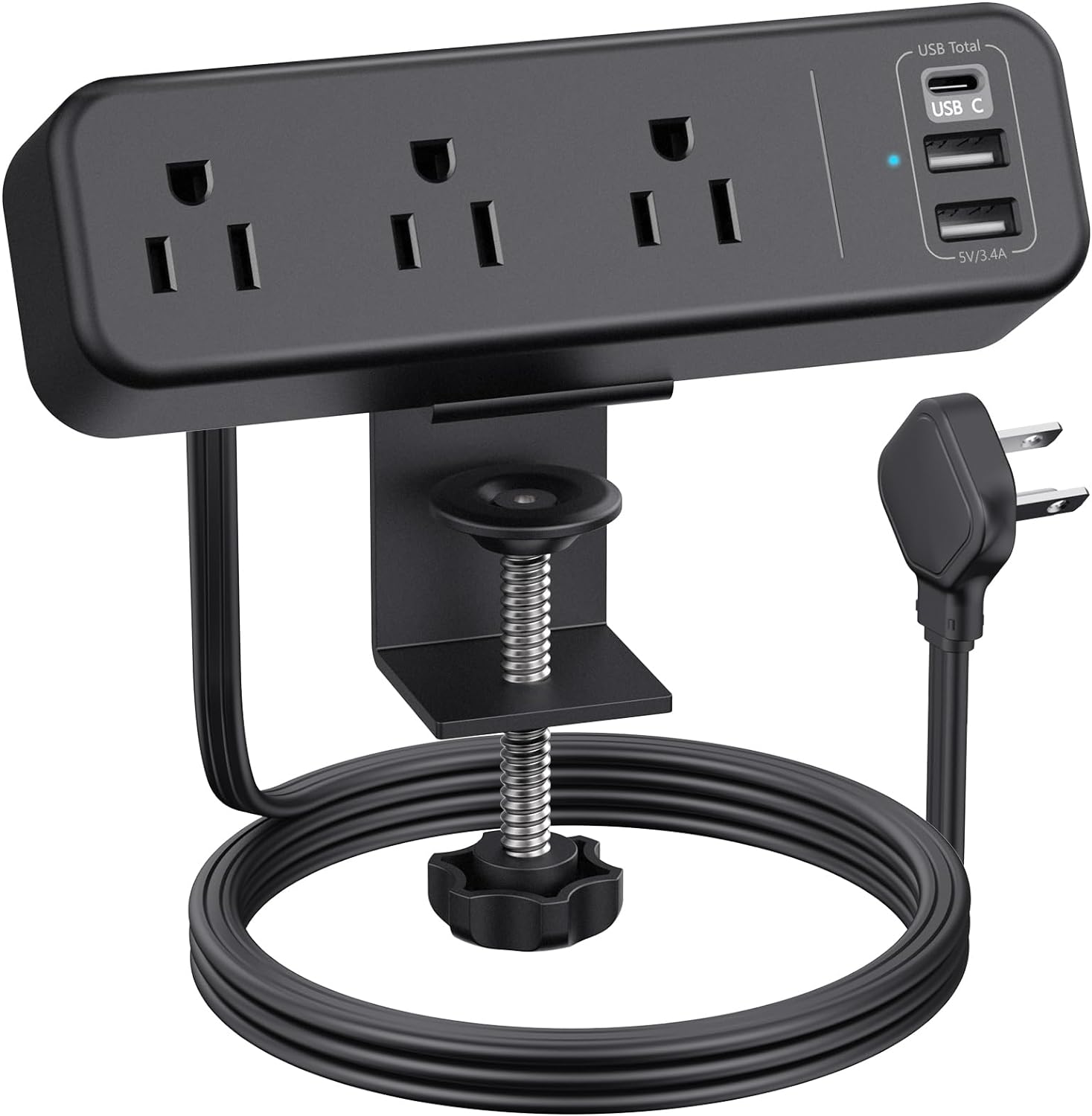 3 Outlet Desk Clamp Power Strip with USB C, Black Flat Plug Desktop Edge Clamp Power Socket Connect 6.5 ft Thin Extension Cord for 1.6 inch Tables
