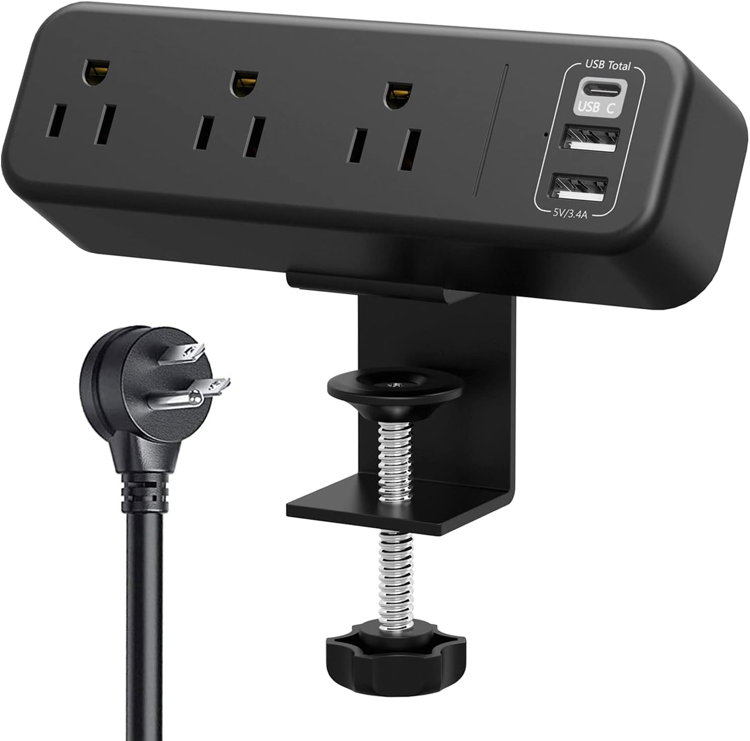 Desk Clamp Power Strip with USB C, 3 Outlet Desktop Mount Power Station Removable Clamp Socket with 6.5 ft Extension Cord, Fit 1.7 inch Tabletop Edge