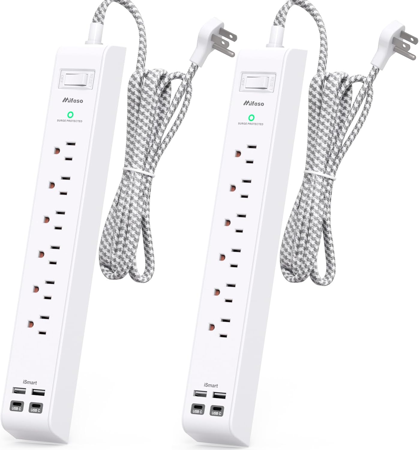 2 Pack Power Strip Surge Protector - 6 Outlets 4 USB Charging Ports, 5Ft Braided Extension Cord, Flat Plug, Overload Protection, Wall Mount for Home Office, Dorm Room Essentials