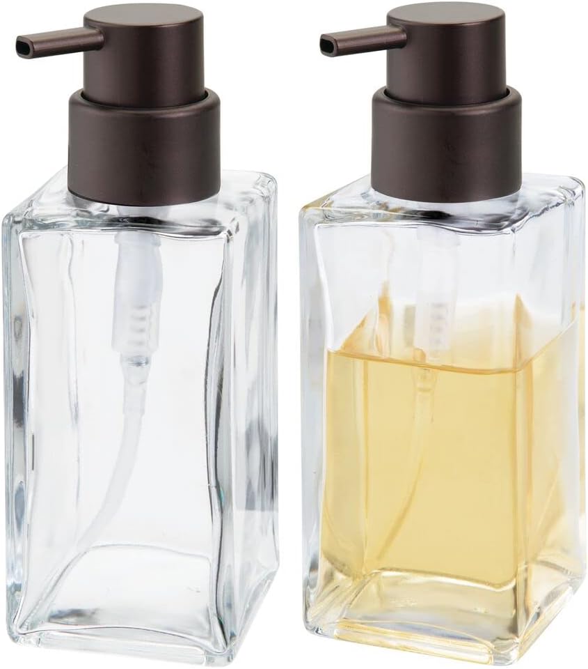 mDesign Square Glass Refillable Liquid Soap Dispenser Pump Bottle for Bathroom Vanity Countertop, Kitchen Sink - Holds Hand Soap, Dish Soap, Hand Sanitizer, Essential Oils - 2 Pack - Clear/Bronze