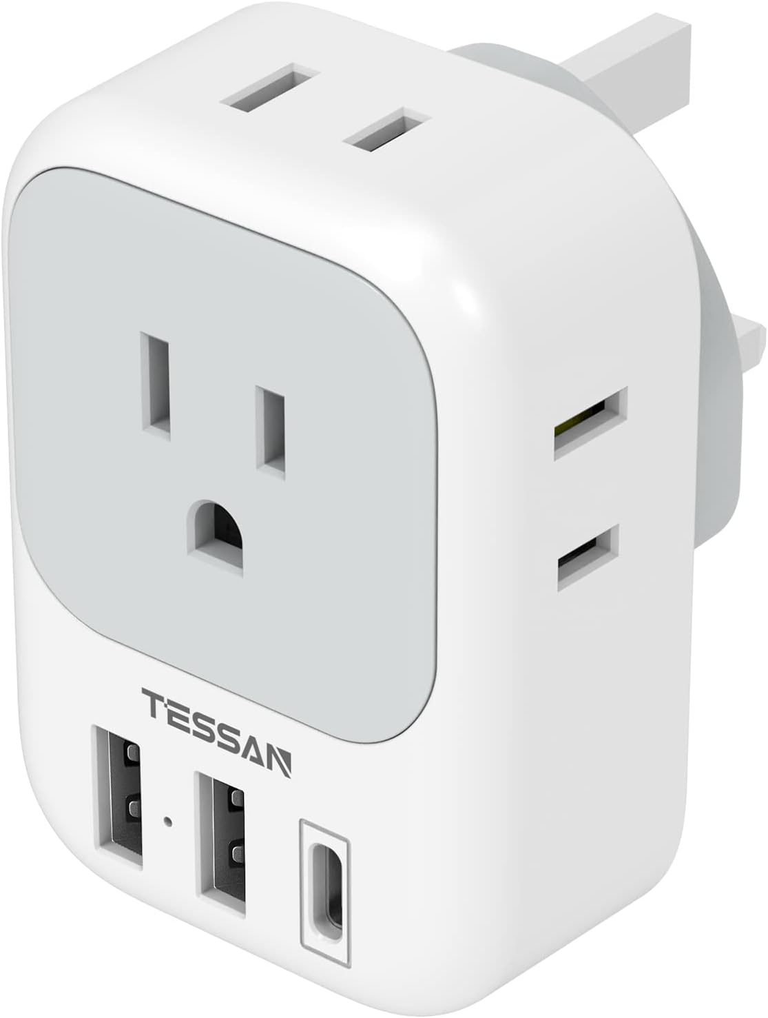 US to UK Plug Adapter, TESSAN Type G Travel Converter with 3 USB Charger(1 USB C Port), 4 Outlets Power Adaptor for USA to Qatar Ireland Hong Kong England Scotland Kenya Dubai London British