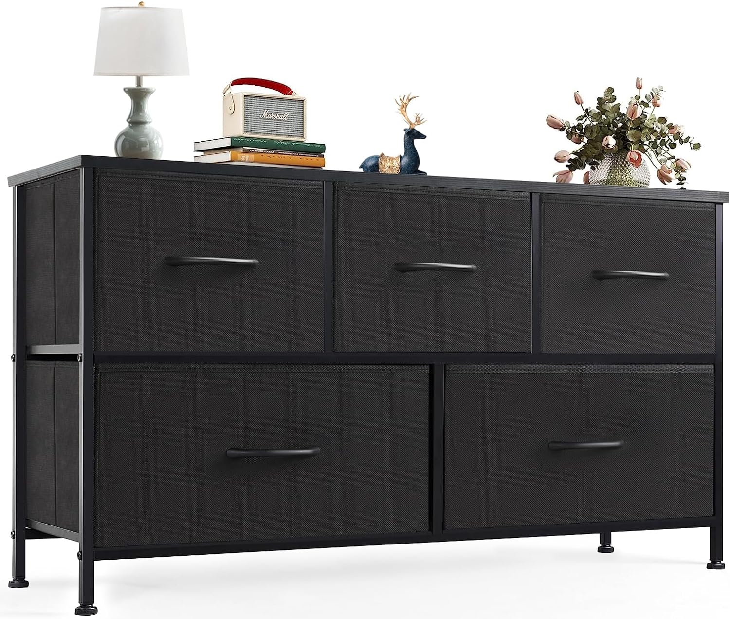 OLIXIS Dresser for Bedroom, Storage with 5 Drawer Organizer Closet Chest Small Clothes Fabric Cabinet, Kids Furniture Drawer Binis, Nightstand for Bedroom, Living Room, Nursery, Entryway, Black