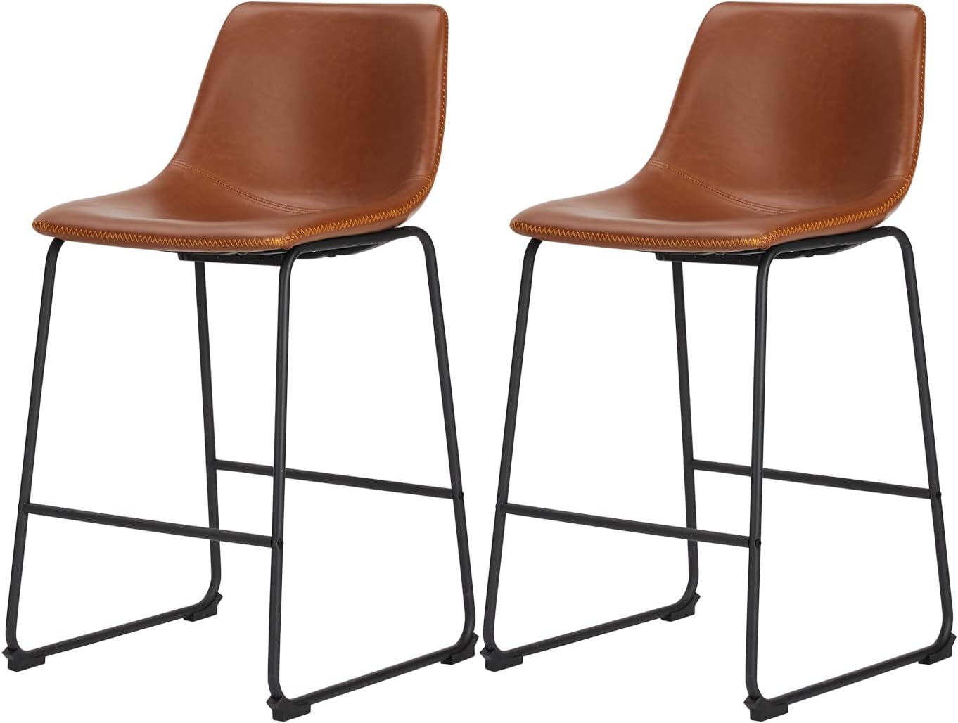 Sweetcrispy Dining Chairs Set of 2 Modern Upholstered Dining Room Bar Chairs with PU Leather Cushion and Metal Legs, 26 inch Seat Height Counter Height Bar Stools for Kitchen Island, Whiskey Brown