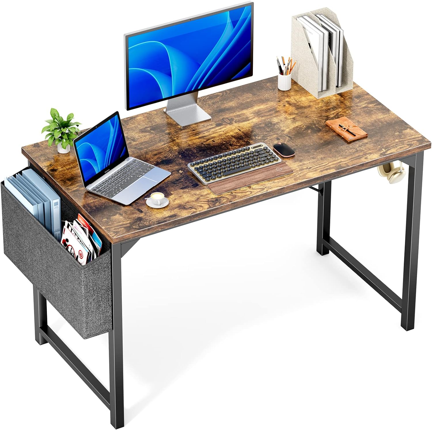 OLIXIS Computer Desk 48 Inch Home Office Work Study Writing Student Kids Bedroom Wood Modern Simple 2 Person PC Table with Storage Bag & Headphone Hooks