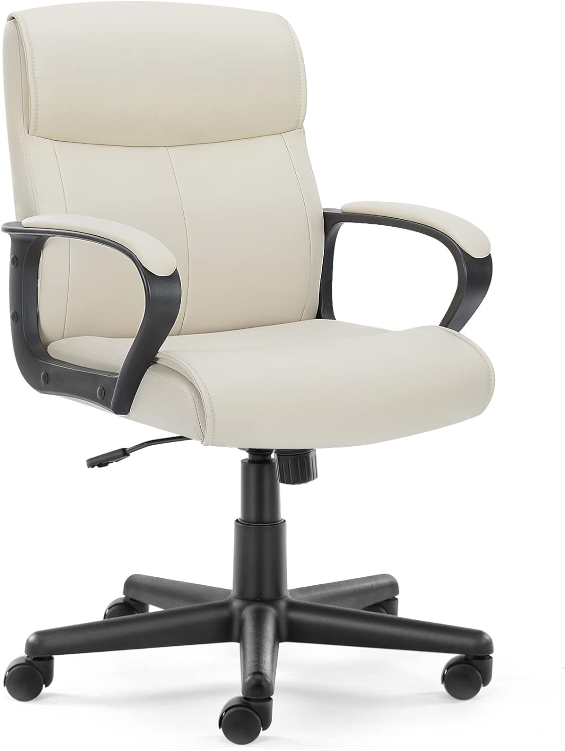 Executive Office Chair Computer Desk Chair with Padded Armrests, Ergonomic Chair Mid Back Lumbar Support and Adjustable Height Home Office Desk Chairs PU Leather Swivel Chair, Cream