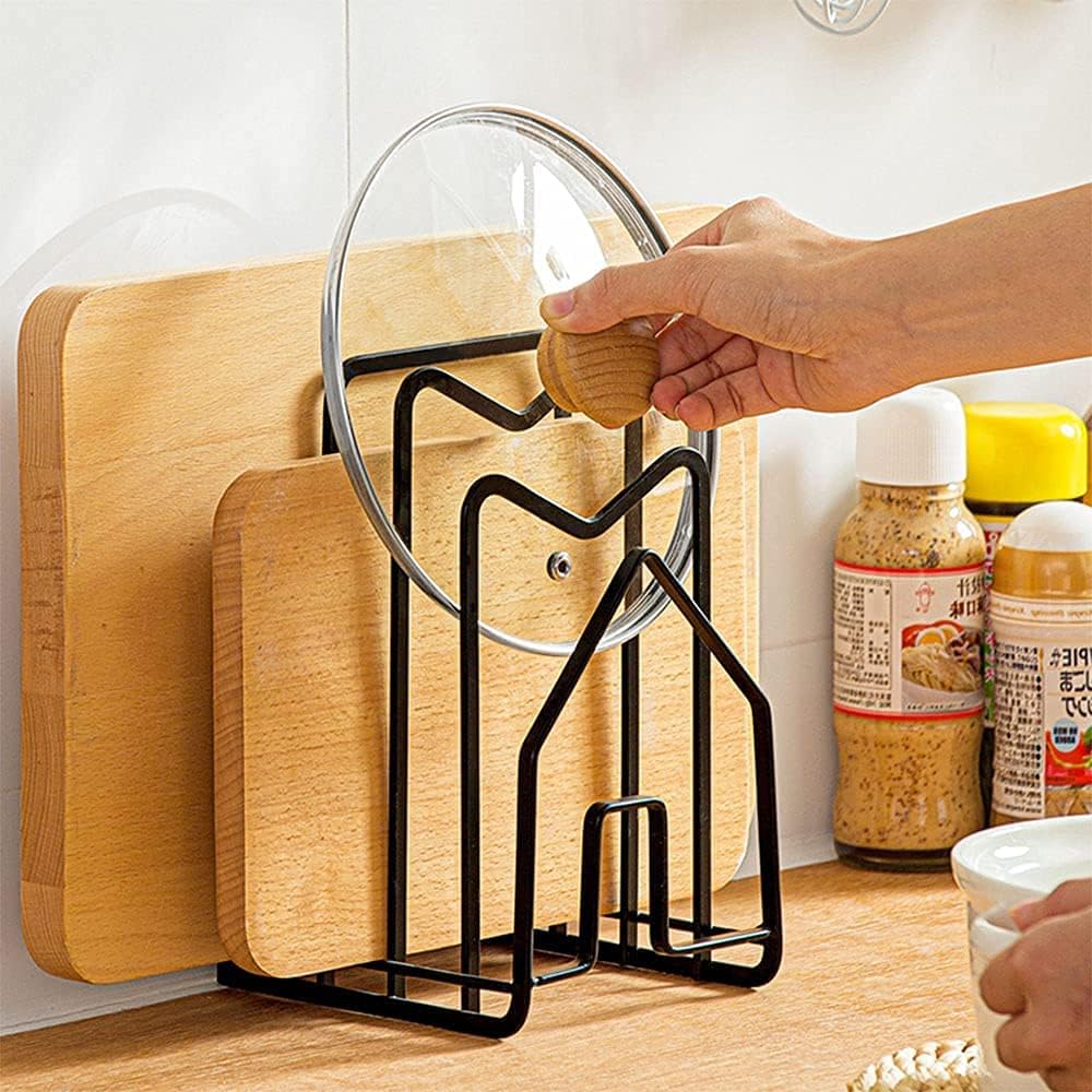 SUNFCON Cutting Board Holder Rack Pot Pan Lids Holder 2 Adhesive 304 Stainless Steel Hanging Hooks Chopping Board Organizer Thin Bakeware Tray Dry Display Stand Kitchen Countertop Cabinet Black