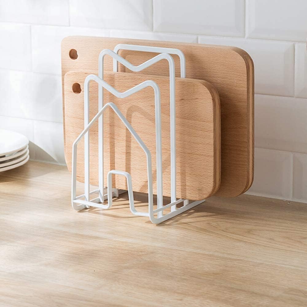 SUNFCON Cutting Board Rack Chopping Board Organizer Pot Pan Lids Holder Thin Bakeware Baking Tray Drying Display Stand Kitchen Countertop Cupboards Cabinet Office Sturdy Metal 4.92x5.7x8.47 in.White