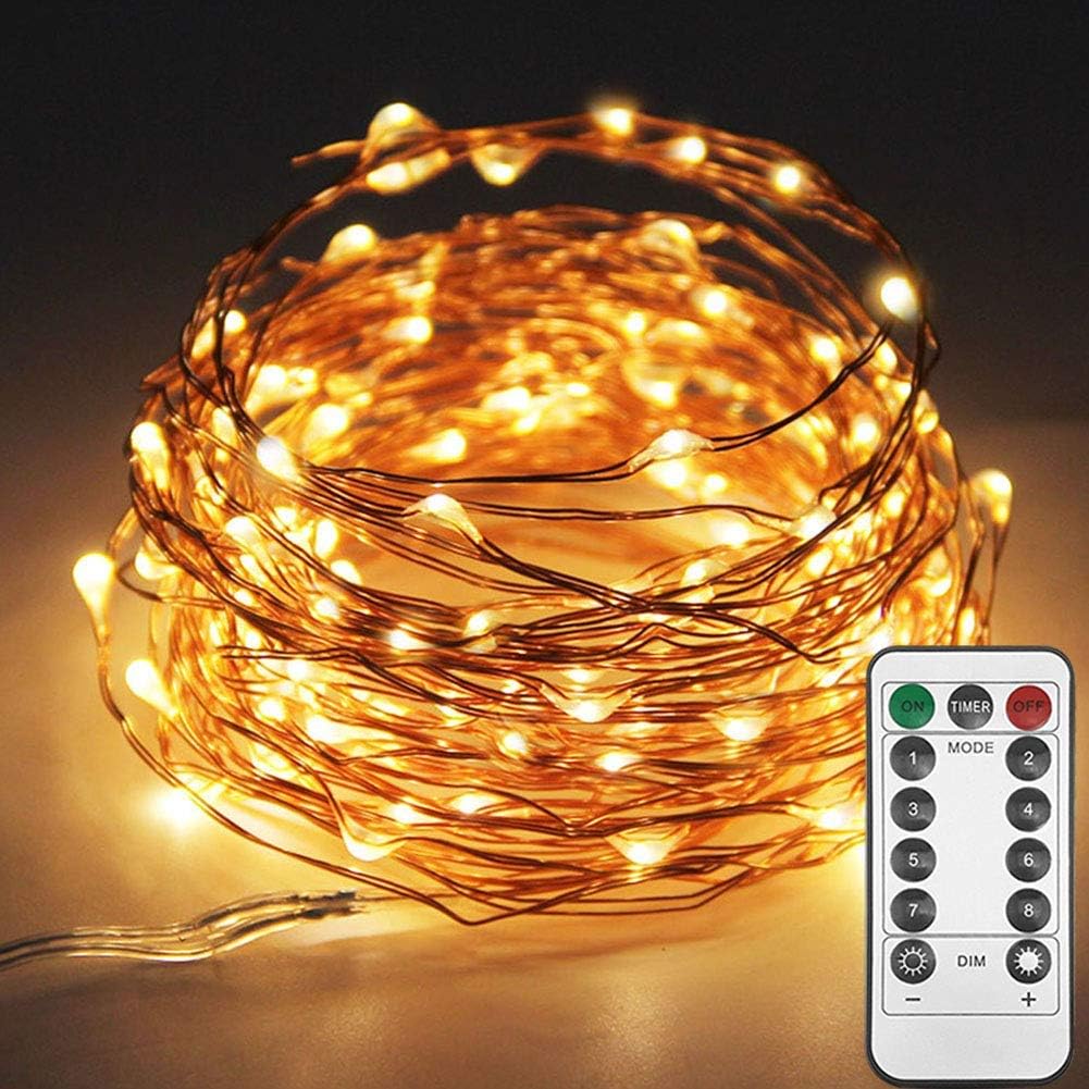 Twinkle Star Copper Wire Fairy String Lights 8 Modes USB Powered, Remote Control for Wedding Party Home Christmas Decoration, Warm White, 33ft 100LED