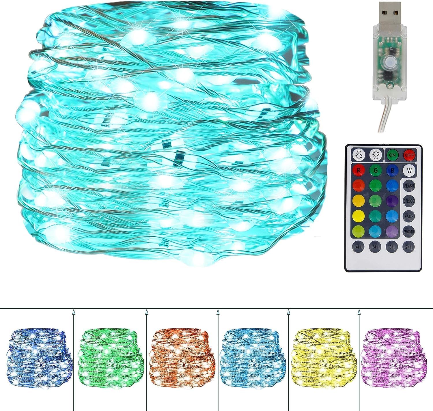 Twinkle Star USB Fairy String Lights, 33Ft 100 LED Waterproof 16 Colors Changing Sliver Wire Lights with 4 Lighting Modes Remote Control for Craft Bedroom Ceiling Christmas Decoration, Multicolor