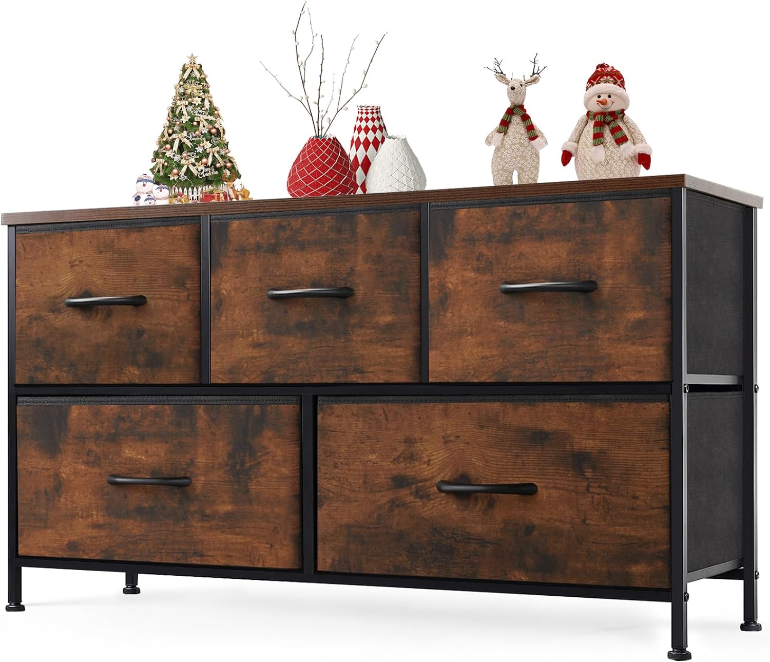 Sweetcrispy Dresser for Bedroom with 5 Drawers, Wide Chest of Drawers, Long Fabric Dresser, Storage Organizer Unit for Closet, Bedroom, Living Room, Hallway, Nursery, Rustic Brown