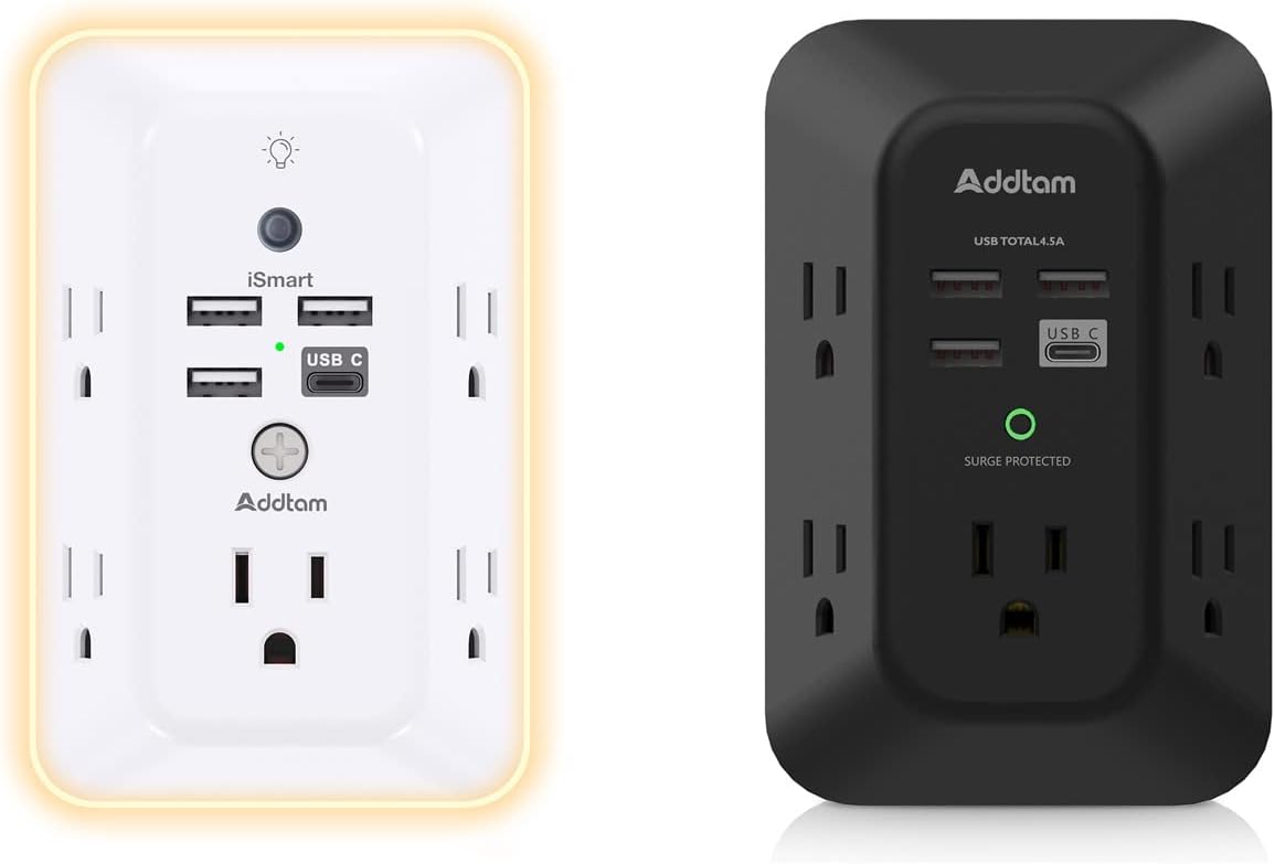 Surge Protector, Outlet Extender with Night Light, Addtam 5-Outlet Splitter and 4 USB Ports(1 USB C), USB Wall Charger Power Strip, Multi Plug Outlet for Home, Office, School, ETL Listed