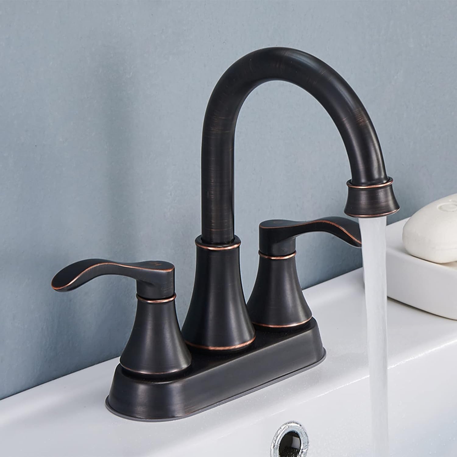 Lead-Free Antique 2 Handle Oil Rubbed Bronze Bathroom Sink Faucet, 360 Swivel High-Arc Spout 4-Inch Centerset Lavatory Vanity Faucets Set with Pop-up Drain & Water Hoses