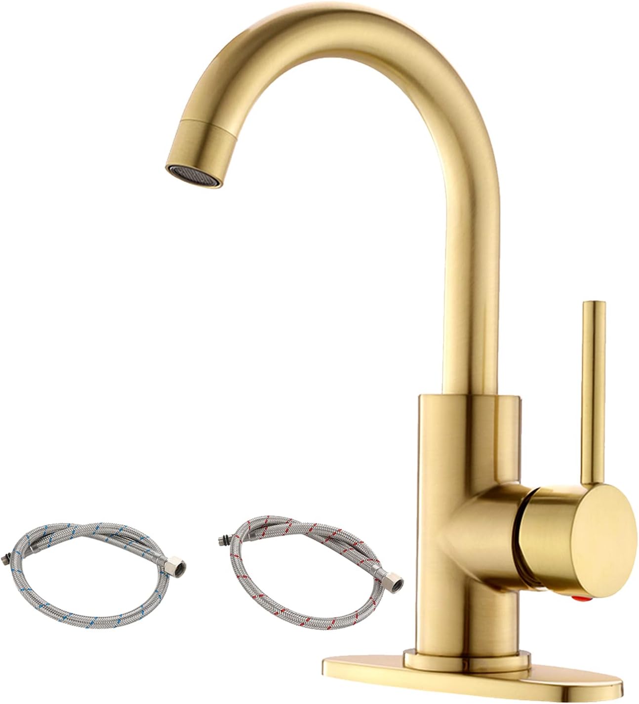 Single Handle Brushed Gold Bathroom Sink Faucet with Supply Hose, 360 Swivel Gold Bar Sink Faucet with Deck Plate, Gold RV Bathroom Basin Faucet for 1-3 Hole Installation