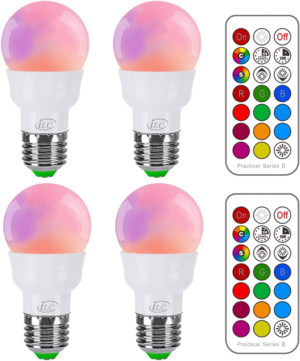 iLC RGB LED Light Bulb, Mood Color Changing 40W Equivalent,5700K Daylight White, 450LM Dimmable 5W E26 Screw Base RGBW - 12 Color Choices - Timing Infrared Remote Control Included (4 Pack)