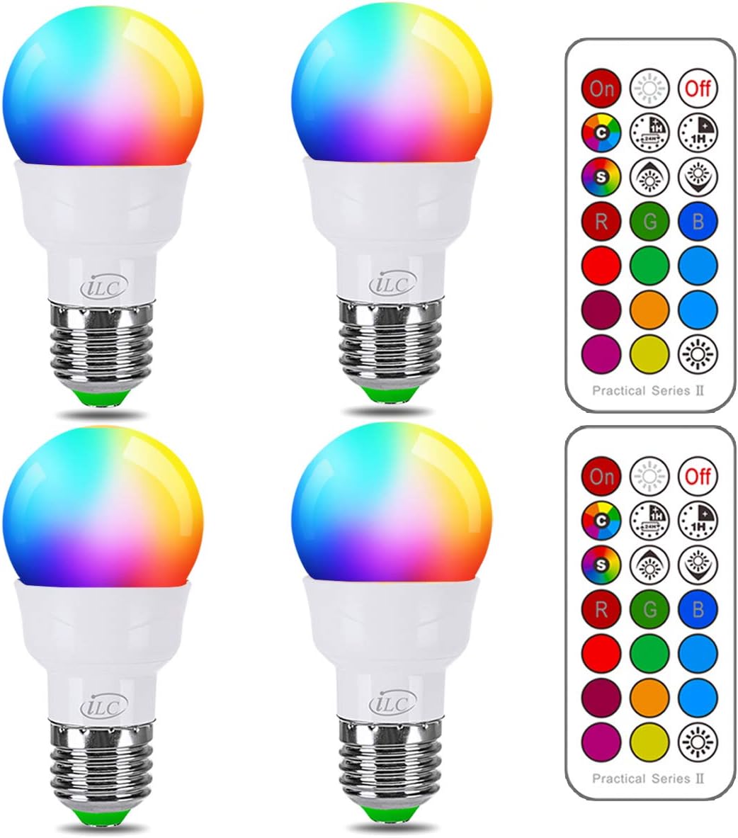 ILC RGB LED Color Changing Light Bulb, 40W Equivalent, 450LM, 2700K Warm White 5W E26 Screw Base RGBW, Flood Light Bulb- 12 Color Choices - Timing Infrared Remote Control (4 Pack)