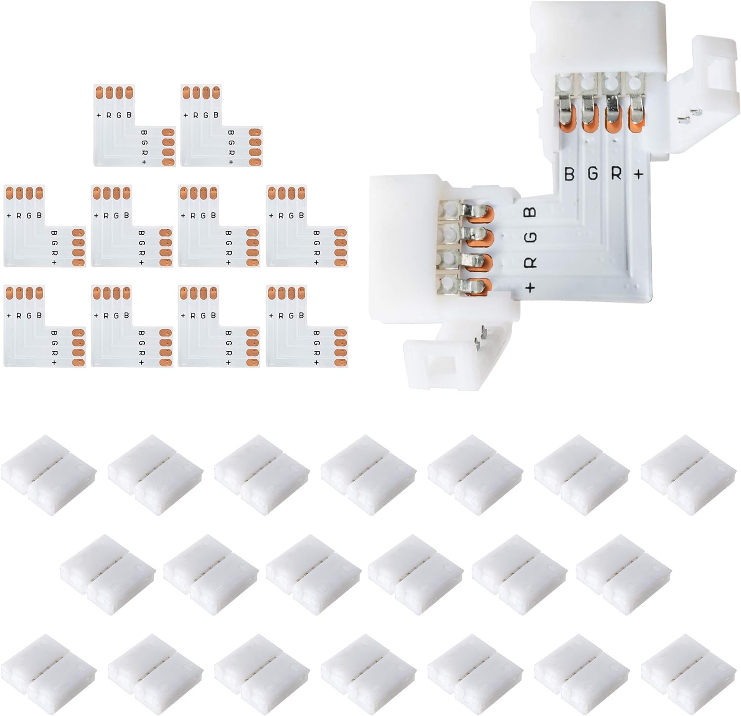 JACKYLED L Shape 4-Pin LED Connectors 10-Pack with 22Pcs Clips 10mm for Strip Lights